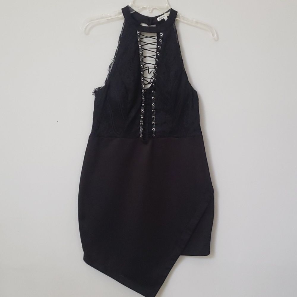 Charlotte Russe Dress Womens sz Large Black Corset Lace Halter Asymmetrical Hem